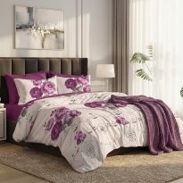 Lenjerie pat bumbac Finet 6 piese PROMO, cearșaf pat 220x240 cm, pilotă 200x220 cm, 2 fețe perne 50x70 și 70x70 cm, Crem/Visiniu, Pucioasa 