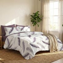 Lenjerie pat bumbac Finet 6 piese PROMO, cearșaf pat 220x240 cm, pilotă 200x220 cm, 2 fețe perne 50x70 și 70x70 cm, Alb/Mov, Pucioasa 