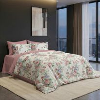 Lenjerie pat bumbac Finet 6 piese PROMO cu husă saltea 160x200 sau 180x200 cm, pilotă 200x220 cm, 2 fețe pernă 50x70 și 70x70 cm, Alb / Roz Pudră, Pucioasa 