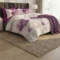 Lenjerie pat bumbac Finet 6 piese PROMO cu husă saltea 160x200 sau 180x200 cm, pilotă 200x220 cm, 2 fețe pernă 50x70 și 70x70 cm, Crem / Vișiniu, Pucioasa 