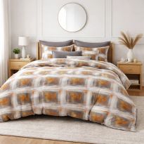 Lenjerie pat bumbac Finet 6 piese PROMO cu husă saltea 160x200 sau 180x200 cm, pilotă 200x220 cm, 2 fețe pernă 50x70 și 70x70 cm, Crem/Portocaliu, Ralex Pucioasa