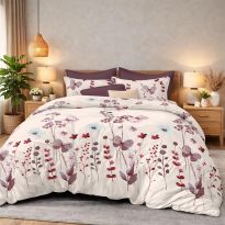 Lenjerie pat bumbac Finet 6 piese PROMO cu husă saltea 160x200 sau 180x200 cm, pilotă 200x220 cm, 2 fețe pernă 50x70 și 70x70 cm, Crem/Rosu, Ralex Pucioasa