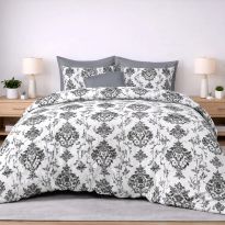 Lenjerie pat bumbac Finet 6 piese PROMO cu husă saltea 160x200 sau 180x200 cm, pilotă 200x220 cm, 2 fețe pernă 50x70 și 70x70 cm, Alb/Gri Inchis, Ralex Pucioasa