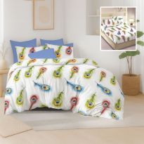 Lenjerie pat bumbac Finet 6 piese cu desen PROMO, husă saltea 160x200 sau 180x200 cm, pilotă 200x220 cm, 2 fețe pernă 50x70 și 70x70 cm, Albastru Bleu, Pucioasa 