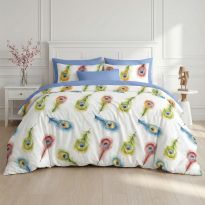 Lenjerie pat bumbac Finet 6 piese cu desen PROMO, husă saltea 160x200 sau 180x200 cm, pilotă 200x220 cm, 2 fețe pernă 50x70 și 70x70 cm, Albastru Bleu, Pucioasa 