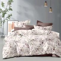 Lenjerie pat dublu Economy 6 piese, cearsaf pat cu husa 180x200 cm si pilota 200x230 cm, 2 fete perne 50x70 si 2 fete perna 70x70, Imprimeu floral Maro ECNH45