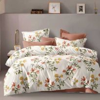 Lenjerie pat dublu Economy 6 piese, cearsaf pat cu husa 180x200 cm si pilota 200x230 cm, 2 fete perne 50x70 si 2 fete perna 70x70, Floricele Crem/Portocaliu ECNH47