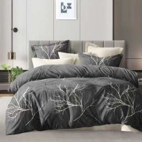 Lenjerie pat dublu Economy 6 piese, cearsaf pat cu husa 180x200 cm si pilota 200x230 cm, 2 fete perne 50x70 si 2 fete perna 70x70, Copaci Crem/Negru ECNH48