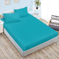 Set husă pat damasc policoton + 2 fețe perne pentru saltea de 160x200 sau 180x200 cm, Turcoaz