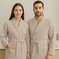 Halat baie și SPA Hotel gofrat tip fagure cu guler Kimono 100% Bumbac, Cappucino M/L