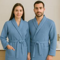 Halat baie și SPA Hotel gofrat tip fagure cu guler Kimono 100% Bumbac, Albastru XL/XXL