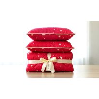 Pachet PROMO Primăvară Pilotă 140x200 cm + 1 pernă 50x70 cm, model Stele și Lună, Roșu