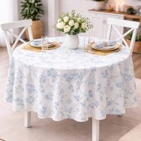 Față de masă rotundă 160 cm antimurdărire, Imprimeu floral Alb/Bleu