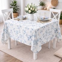 Fata de masa antimurdarire 160x320 cm, Imprimeu floral Alb/Bleu