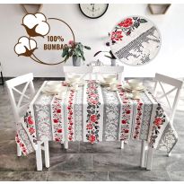 Față de masă rotundă 140 cm anti murdărire 100% Bumbac, Imprimeu tradițional Gri Roșu