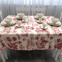 Față de masă rotundă 160 cm anti murdărire 100% Bumbac, Peisaj de poveste Roșu