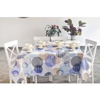Față de masă rotundă 160 cm anti murdărire 100% Bumbac, Cercuri colorate Albastru