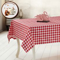 Față de masă rotundă 180 cm anti murdărire 100% Bumbac, Carouri Roșu