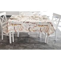 Față de masă rotundă 180 cm anti murdărire 100% Bumbac, Frunze Albastru Maro