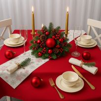 Set Față de masă rotundă și Napron Crăciun 140 cm, Roșu Închis