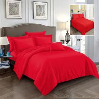 Lenjerie pat dublu 6 piese Damasc Policoton, cearsaf pat 230x250 cm, pilota 200x230 cm, fete perne 50x70 cm si 70x70 cm, dunga 1 cm Rosu (6DP44)