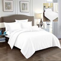 Lenjerie pat dublu 6 piese Damasc Policoton, cearsaf pat 230x250 cm, pilota 200x230 cm, fete perne 50x70 cm si 70x70 cm, dunga 1 cm Alb (6DP50) 