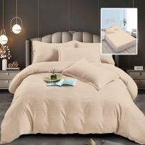 Lenjerie pat dublu 6 piese Damasc Policoton, cu husa saltea 160x200 sau 180x200 cm, pilota 200x230 cm, fete perne 50x70 cm si 70x70 cm, dunga 1 cm Bej (6DPH20) 