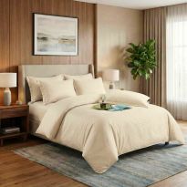 Lenjerie pat dublu 6 piese Damasc Policoton, cu husa saltea 160x200 sau 180x200 cm, pilota 200x230 cm, fete perne 50x70 cm si 70x70 cm, dunga 1 cm Bej (6DPH20) 