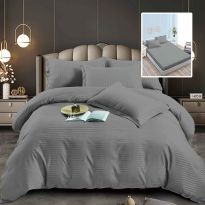 Lenjerie pat dublu 6 piese Damasc Policoton, cu husa saltea 160x200 sau 180x200 cm, pilota 200x230 cm, fete perne 50x70 cm si 70x70 cm, dunga 1 cm Gri (6DPH22) 