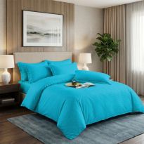 Lenjerie pat dublu 6 piese Damasc Policoton, cu husa saltea 160x200 sau 180x200 cm, pilota 200x230 cm, fete perne 50x70 cm si 70x70 cm, dunga 1 cm Turcoaz (6DPH23) 