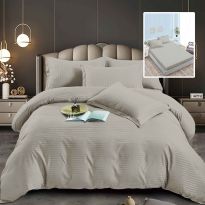 Lenjerie pat dublu 6 piese Damasc Policoton, cu husa saltea 160x200 sau 180x200 cm, pilota 200x230 cm, fete perne 50x70 cm si 70x70 cm, dunga 1 cm Bej (6DPH25) 