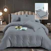 Lenjerie pat dublu 6 piese Damasc Policoton, cu husa saltea 160x200 sau 180x200 cm, pilota 200x230 cm, fete perne 50x70 cm si 70x70 cm, dunga 1 cm Gri (6DPH36) 