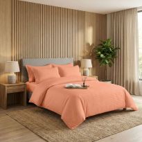 Lenjerie pat dublu 6 piese Damasc Policoton, cu husa saltea 160x200 sau 180x200 cm, pilota 200x230 cm, fete perne 50x70 cm si 70x70 cm, dunga 1 cm Portocaliu (6DPH39) 