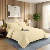 Lenjerie pat dublu 6 piese Damasc Policoton, cu husa saltea 160x200 sau 180x200 cm, pilota 200x230 cm, fete perne 50x70 cm si 70x70 cm, dunga 1 cm Galben (6DPH42) 