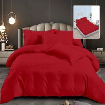 Lenjerie pat dublu 6 piese Damasc Policoton, cu husa saltea 160x200 sau 180x200 cm, pilota 200x230 cm, fete perne 50x70 cm si 70x70 cm, dunga 1 cm Rosu (6DPH43) 