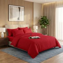 Lenjerie pat dublu 6 piese Damasc Policoton, cu husa saltea 160x200 sau 180x200 cm, pilota 200x230 cm, fete perne 50x70 cm si 70x70 cm, dunga 1 cm Rosu (6DPH43) 