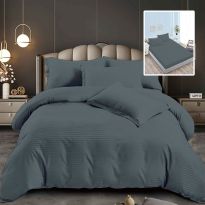 Lenjerie pat dublu 6 piese Damasc Policoton, cu husa saltea 160x200 sau 180x200 cm, pilota 200x230 cm, fete perne 50x70 cm si 70x70 cm, dunga 1 cm Gri Antracit (6DPH47) 