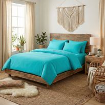 Lenjerie pat Ranforce Bumbac 100% UNI 4 piese, cearșaf pat 240x260 cm, pilotă 200x220 cm, 2 fețe perne 50x70 cm, Turcoaz, Pucioasa
