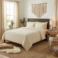 Lenjerie pat Ranforce Bumbac 100% UNI 4 piese, cearșaf pat 240x260 cm, pilotă 200x220 cm, 2 fețe perne 50x70 cm, Bej, Pucioasa