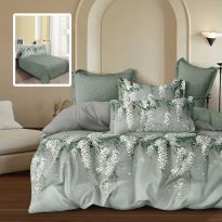 Lenjerie de pat dublu bumbac Finet 6 piese 220 x 240 cm, pilota 200x220 cm, 2 fete perna 50x70 si 70x70 cm, Verde / Gri, Pucioasa ANA V3