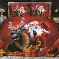 Lenjerie pat cu motive Crăciun Cocolino XMAS 4 piese , cearșaf pat 230x250 cm, pilotă 180x240 cm, 2 fețe pernă 50x70 cm Moș Crăciun și Renul