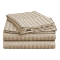 Cearsaf de pat 2 persoane Damasc Bumbac 100% tip Hotel cu dunga 1 cm, 220x240 cm, Bej Cappuccino