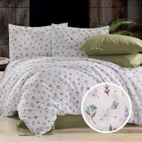 Lenjerie pat dublu Creponata 100% Bumbac, cearsaf pat 200x230 cm, pilota 180x215 cm, 2 fete perna 50x70 cm, Crem-Verde, Pucioasa