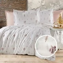 Lenjerie pat dublu Creponata 100% Bumbac, cearsaf pat 200x230 cm, pilota 180x215 cm, 2 fete perna 50x70 cm, Alb-Roz Pudra, Pucioasa