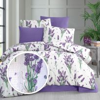 Lenjerie pat dublu Creponata 100% Bumbac, cearsaf pat 200x230 cm, pilota 180x215 cm, 2 fete perna 50x70 cm, Alb Mov, Pucioasa