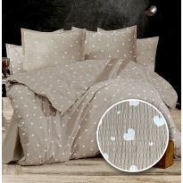 Lenjerie pat dublu Creponata 100% Bumbac, cearsaf pat 200x230 cm, pilota 180x215 cm, 2 fete perna 50x70 cm, Alb/Bej, Pucioasa CREP60