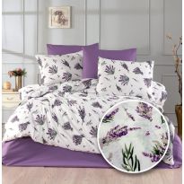 Lenjerie pat dublu extra large Creponata 100% Bumbac, cearsaf pat 240x260 cm, pilota 200x230 cm, 2 fete perna 50x70 cm, Alb/Mov, Pucioasa CREP67