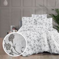 Lenjerie pat dublu extra large Creponata 100% Bumbac, cearsaf pat 240x260 cm, pilota 200x230 cm, 2 fete perna 50x70 cm,  Alb-Gri, Pucioasa
