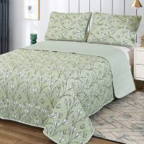 Cuvertura pat matlasata imprimta 230x250 cm cu 2 fete perne 50x70 cm, Flori Verde