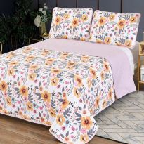 Cuvertura pat matlasata imprimta 230x250 cm cu 2 fete perne 50x70 cm, Flori colorate Roz